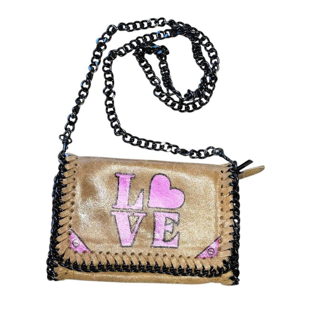 LOVE Graphic Italian Tan Leather Crossbody Chain Strap Handbag Purse